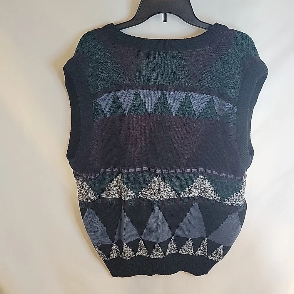 Impact Vintage 80s Button Up Sweater Vest Geometric Grandpa Leather Trim Men's L
